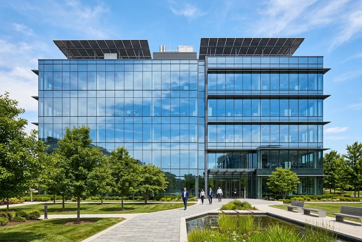 Bâtiment tertiaire moderne avec panneaux photovoltaïques en toiture