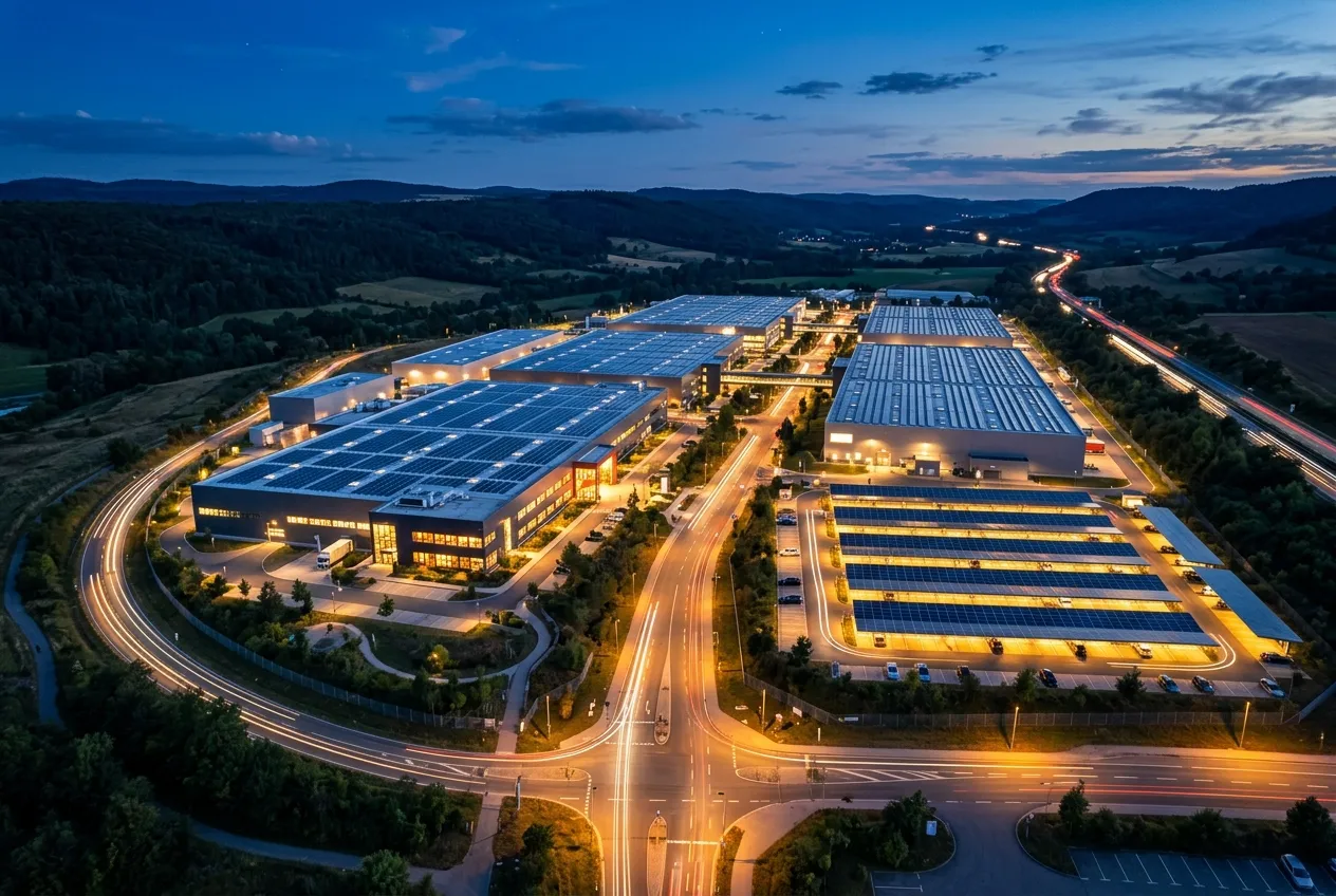 Vue aérienne d'un campus industriel équipé de centrales photovoltaïques en toiture et ombrières