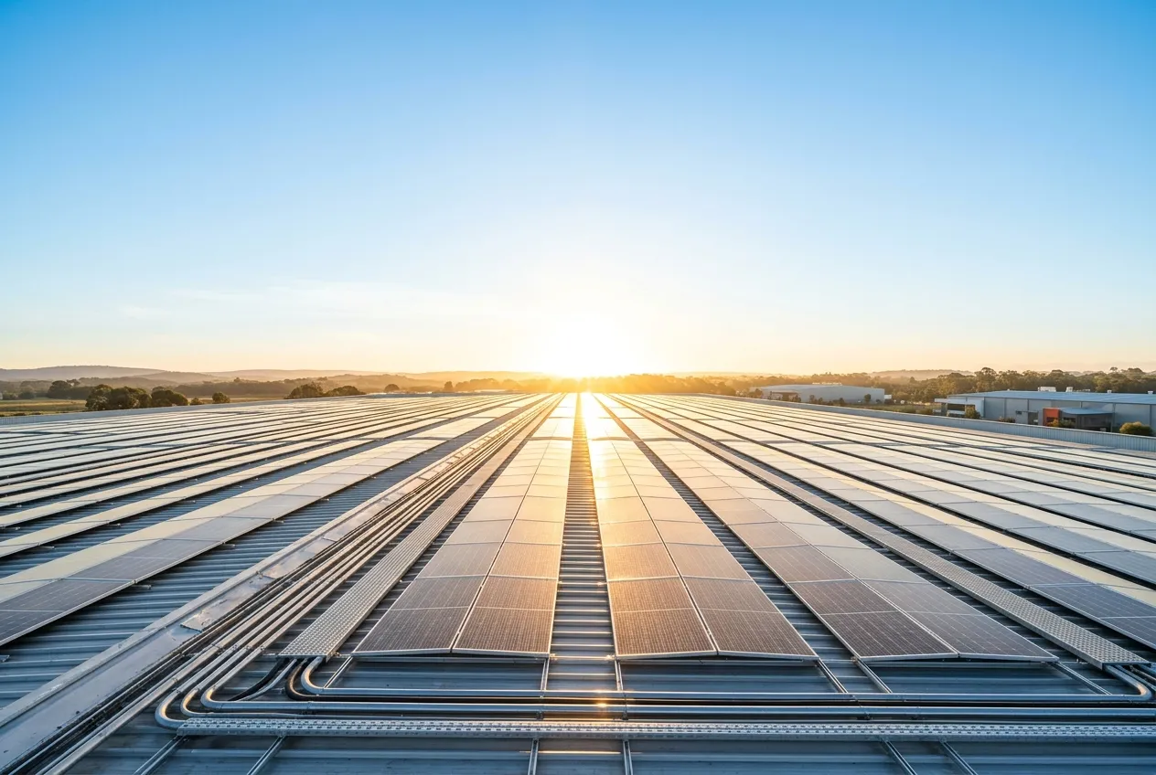 Centrale solaire en toiture au lever du soleil sous un ciel dégagé