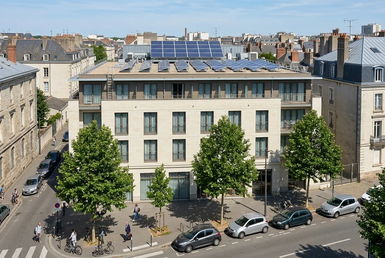 Hôtel français avec panneaux photovoltaïques sur le toit