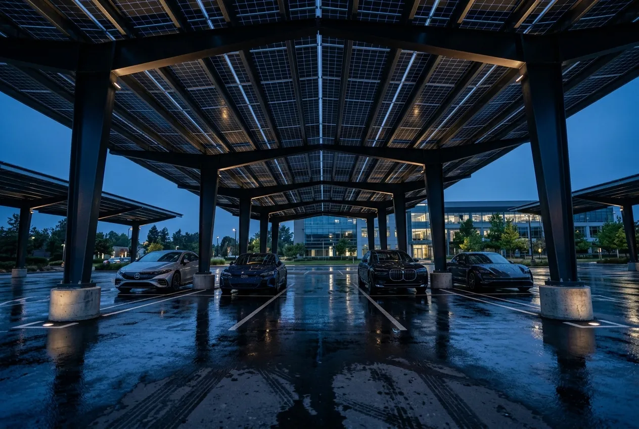 Ombrière photovoltaïque sur un parking d'entreprise