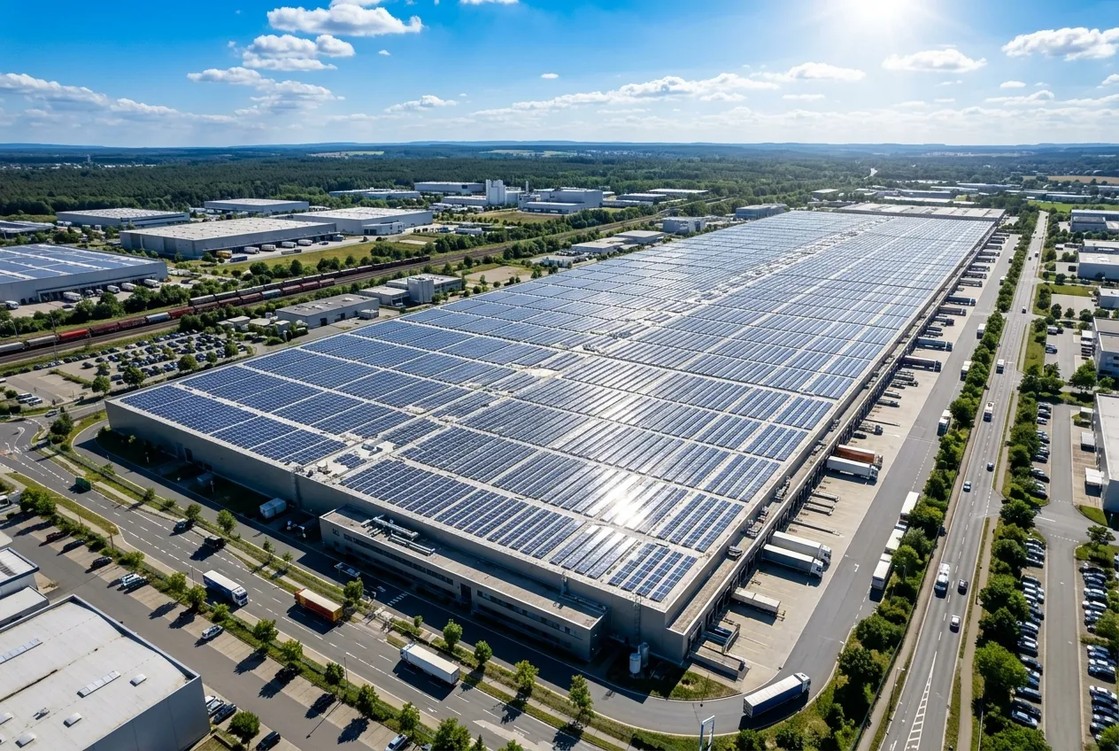 Vue aérienne en plein jour d'une immense toiture industrielle couverte de panneaux photovoltaïques